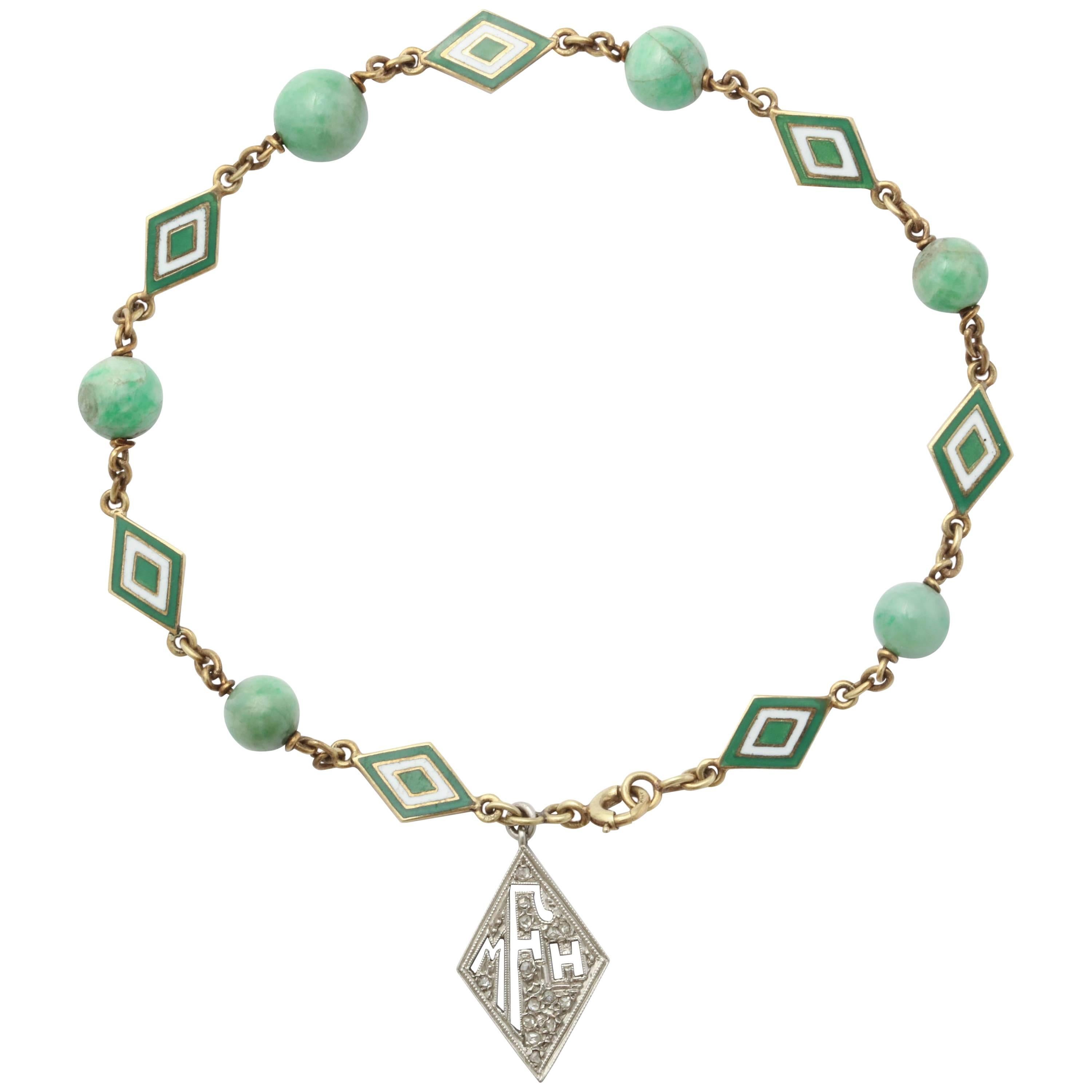 Jade and Enamel Art Deco Bracelet with Diamond Monogram Charm For Sale