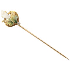 Lovely Enameled Art Nouveau Stick Pin with Pearl and Diamond