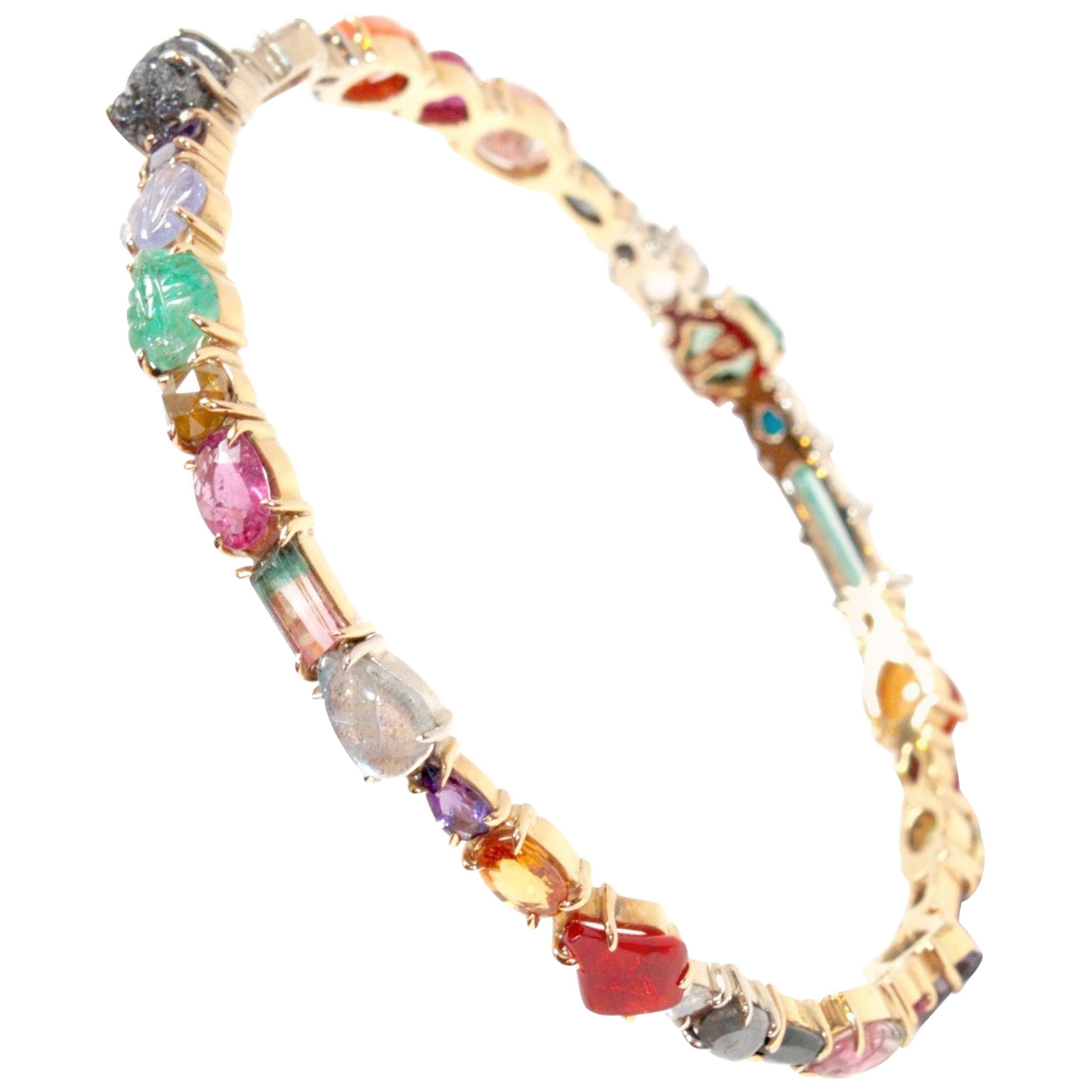 Sharon Khazzam 18 Karat Multicolored Gemstone and Diamond Baby Bangle Bracelet For Sale