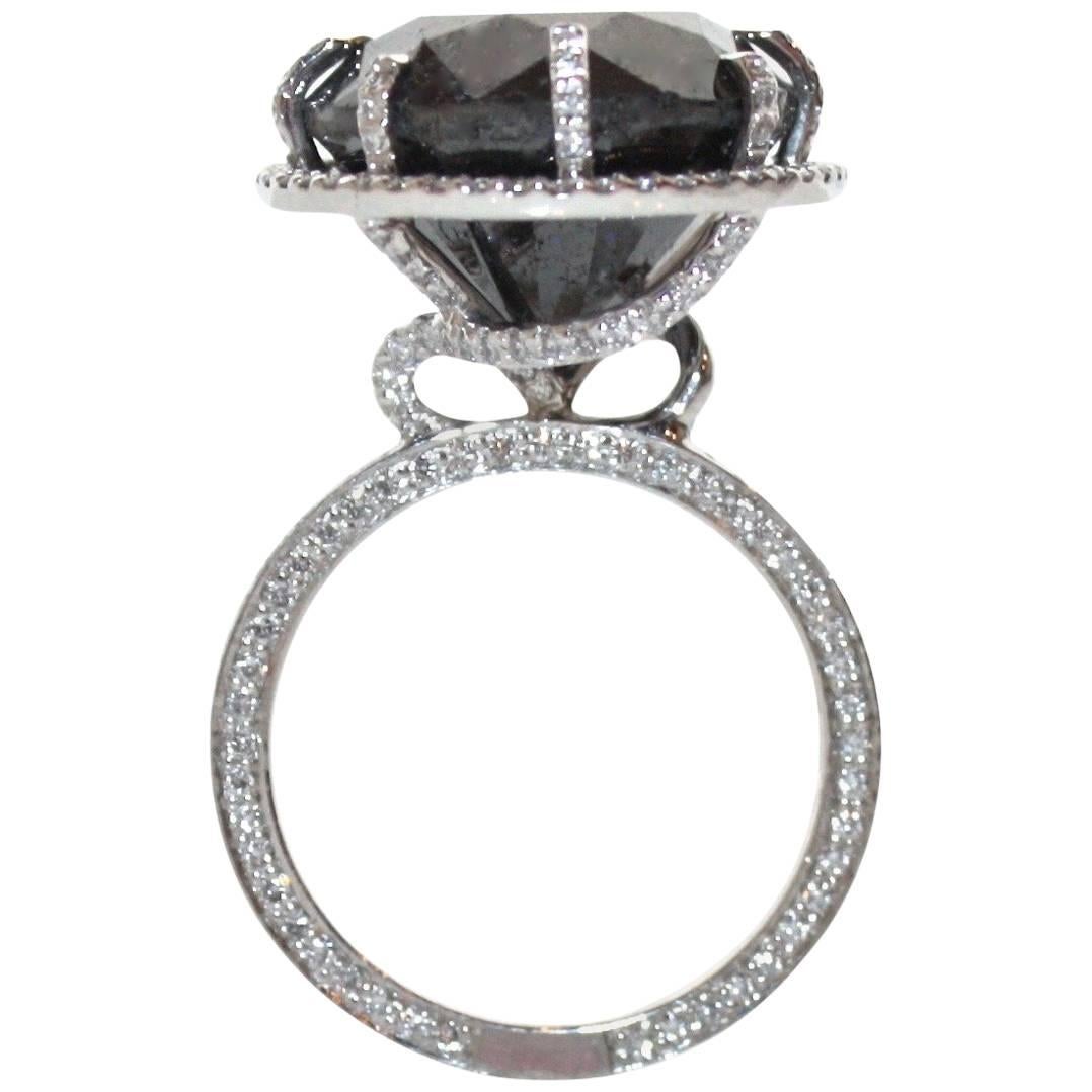 14.60 Carat Natural Black Diamond Ring with White Diamonds