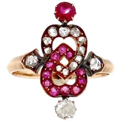 Late Victorian Gold Ruby Rosecut Diamond Twin Heart Ring