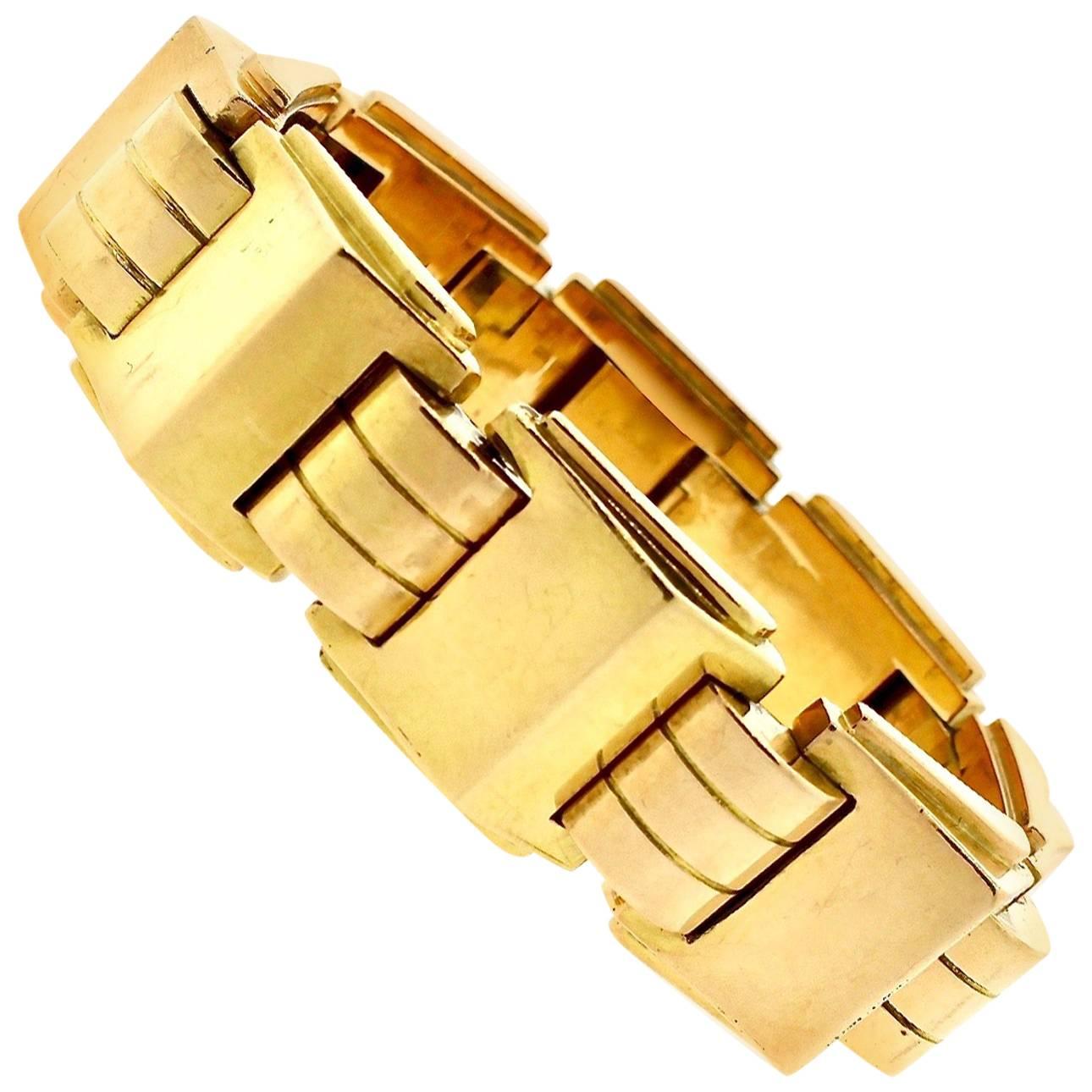 Modernist Art Deco French Gold Tank Bracelet