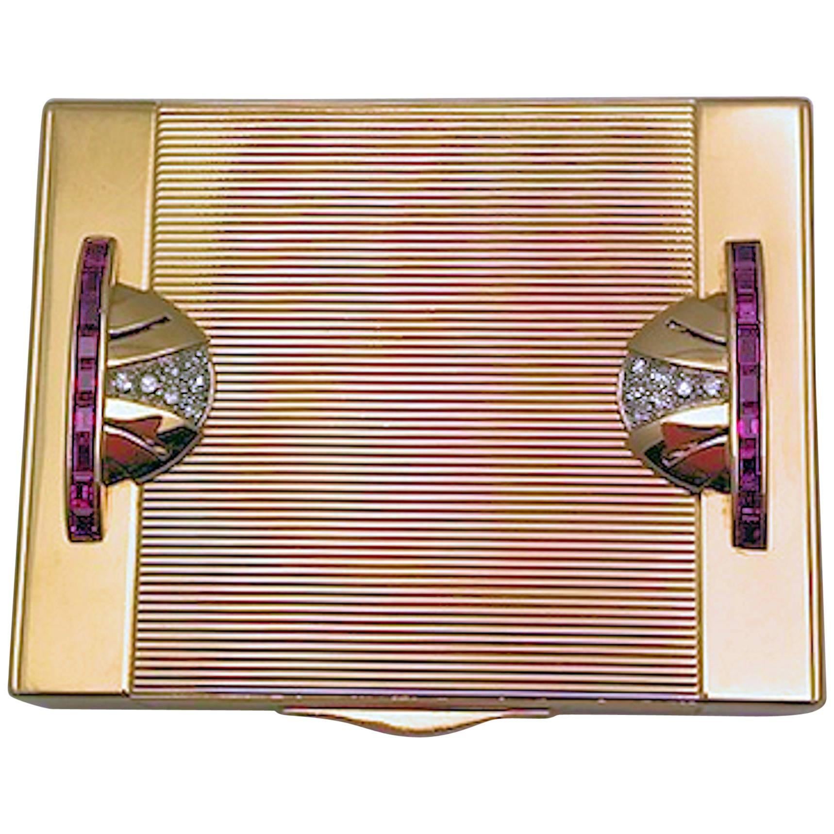 Art Deco Tiffany Gold and Platinum Ruby and Diamond Compact with Leather Sleeve For Sale