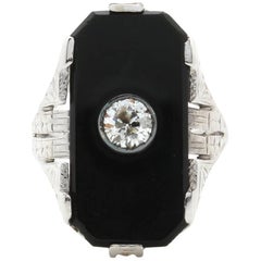 Antique White Gold Art Deco Diamond and Onyx Ring with Hand Engraving