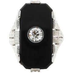 White Gold Art Deco Diamond and Onyx Ring with Hand Engraving