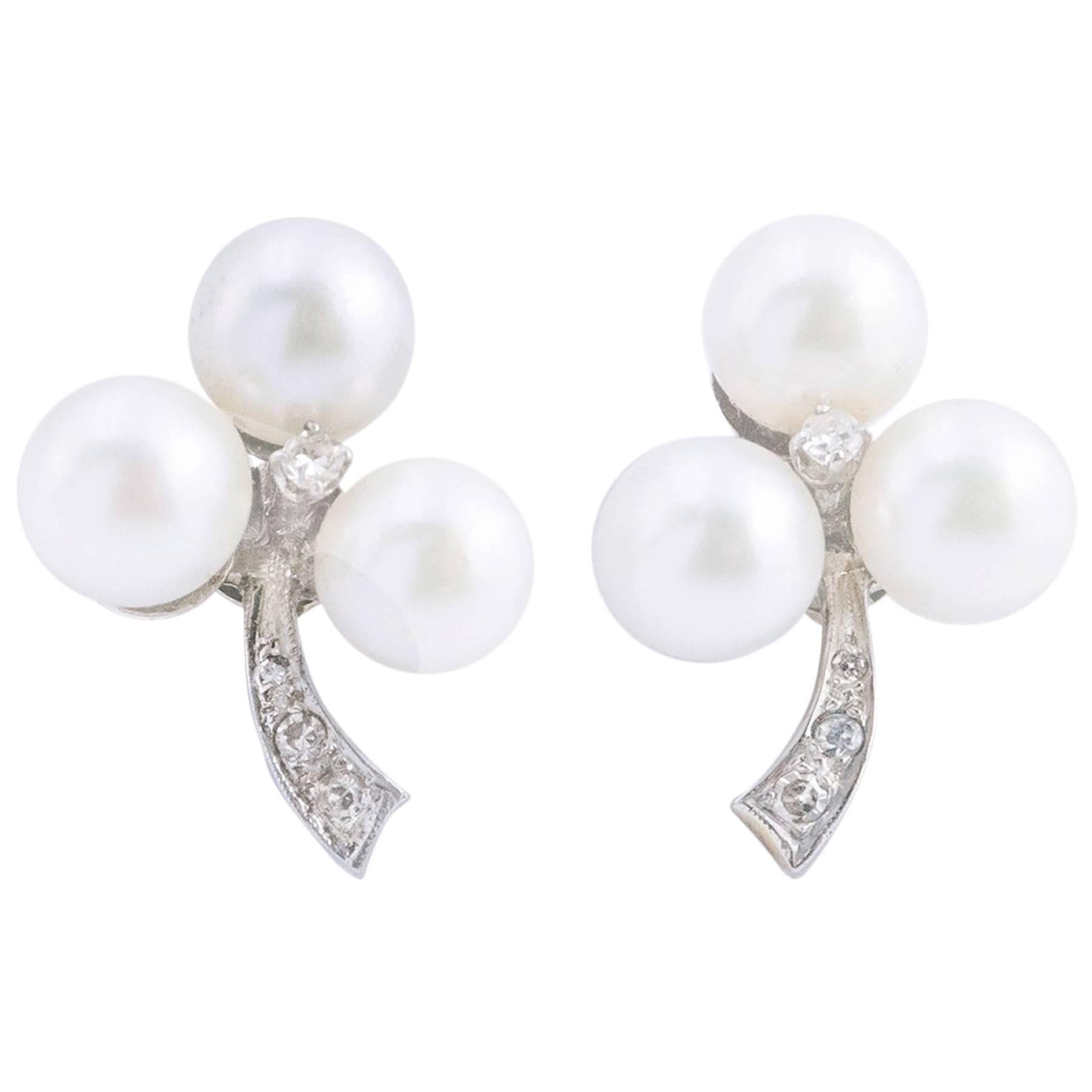 Graceful Cultured Pearl and Diamond Earrings For Sale