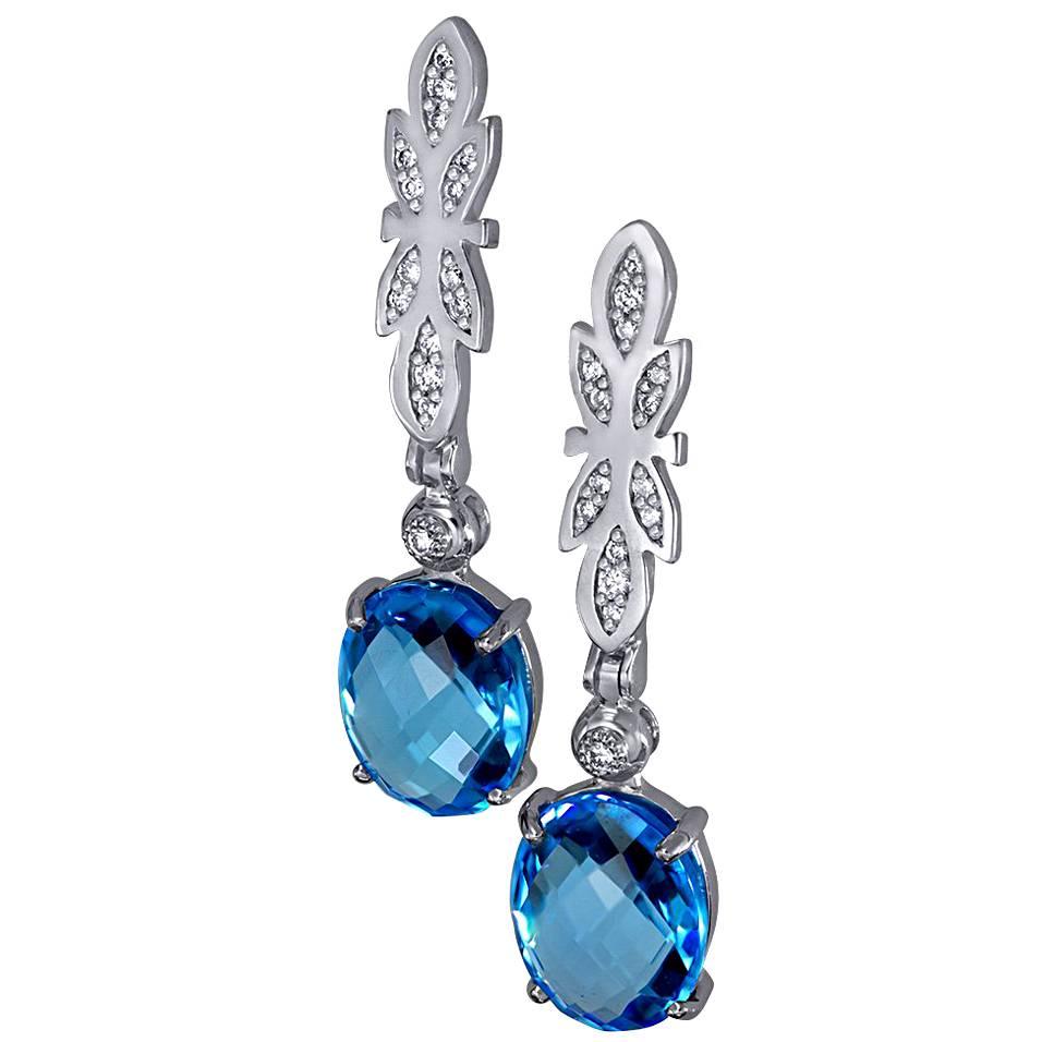 Blue Topaz Diamond White Gold Drop Dangle Earrings One of a Kind