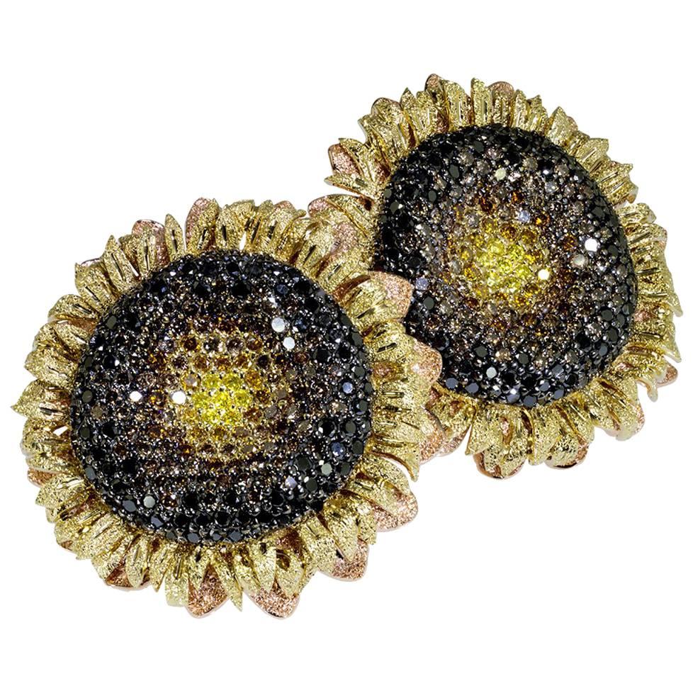 Diamond Gold Textured Sunflower Earrings One of a kind