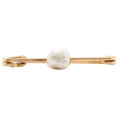 Antique Natural Pearl Gold Safety Pin Brooch 9