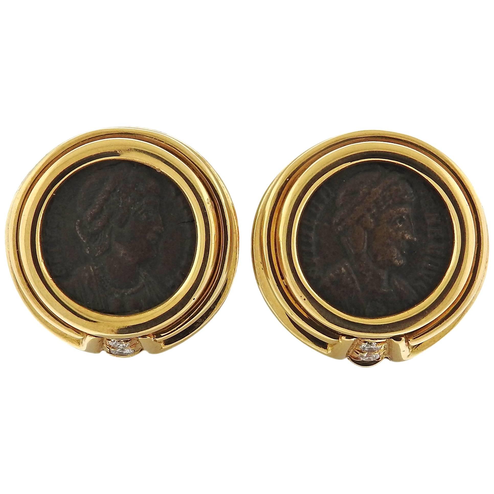 Diamond Ancient Coin Gold Earrings 