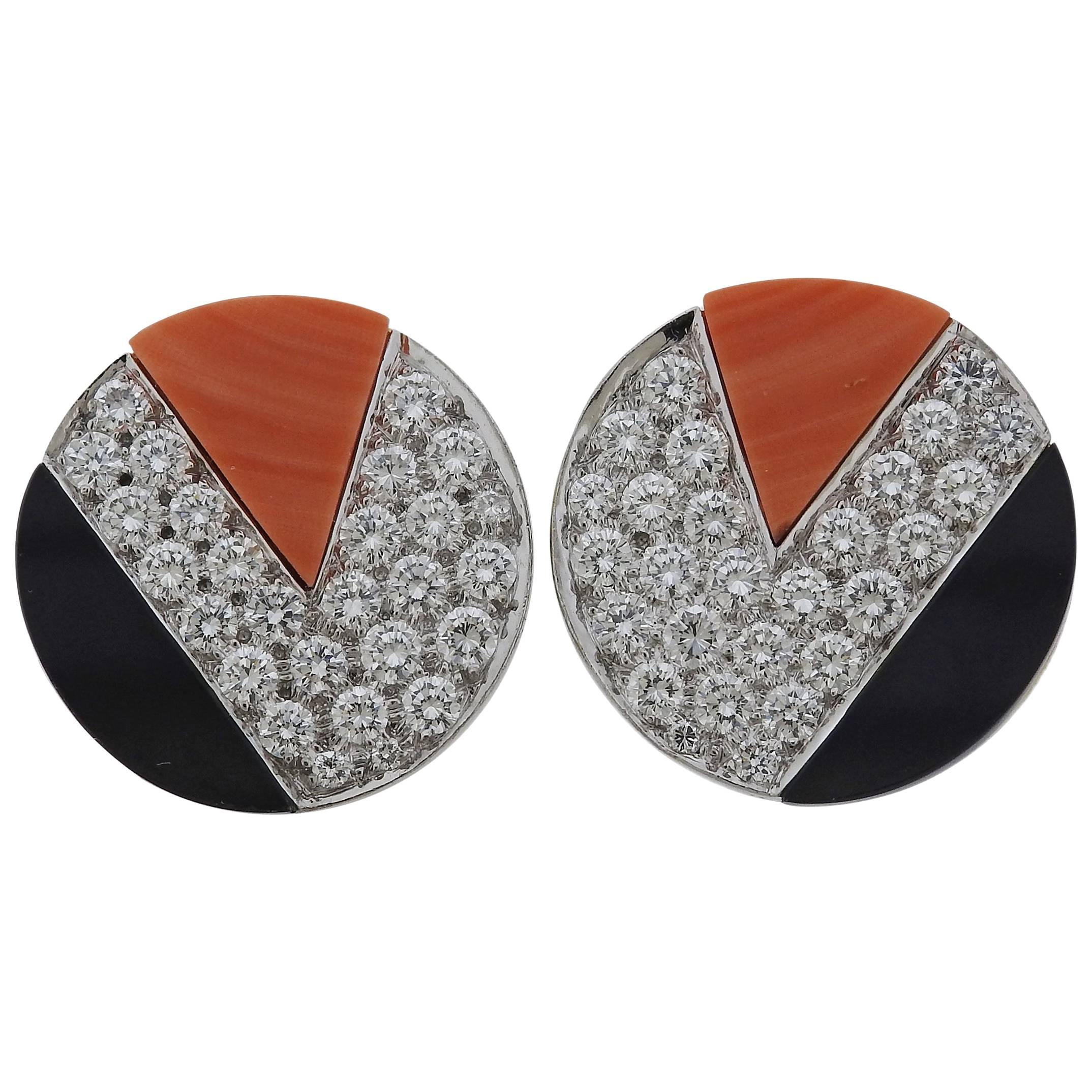 Kutchinsky Coral Diamond Onyx Platinum Gold Earrings
