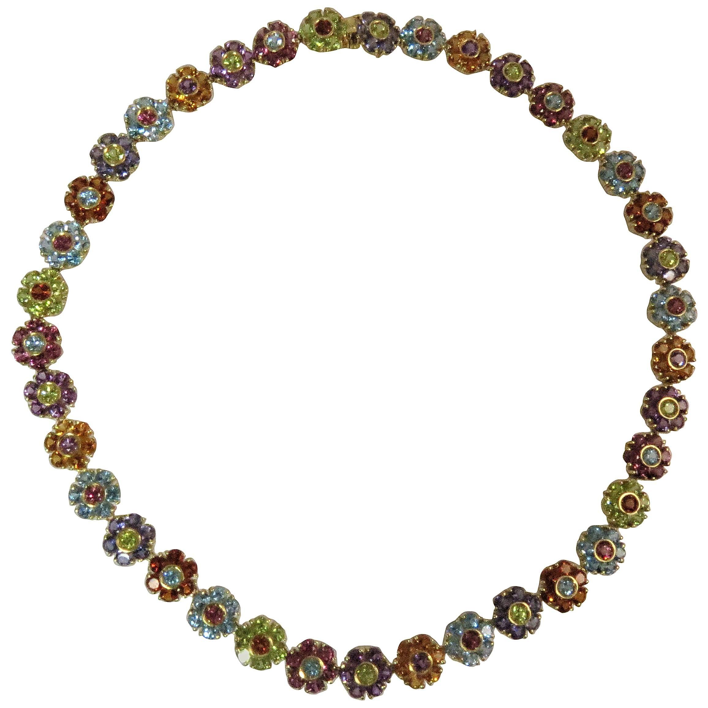 18 Karat Yellow Gold Multicolored Flower Design Necklace For Sale
