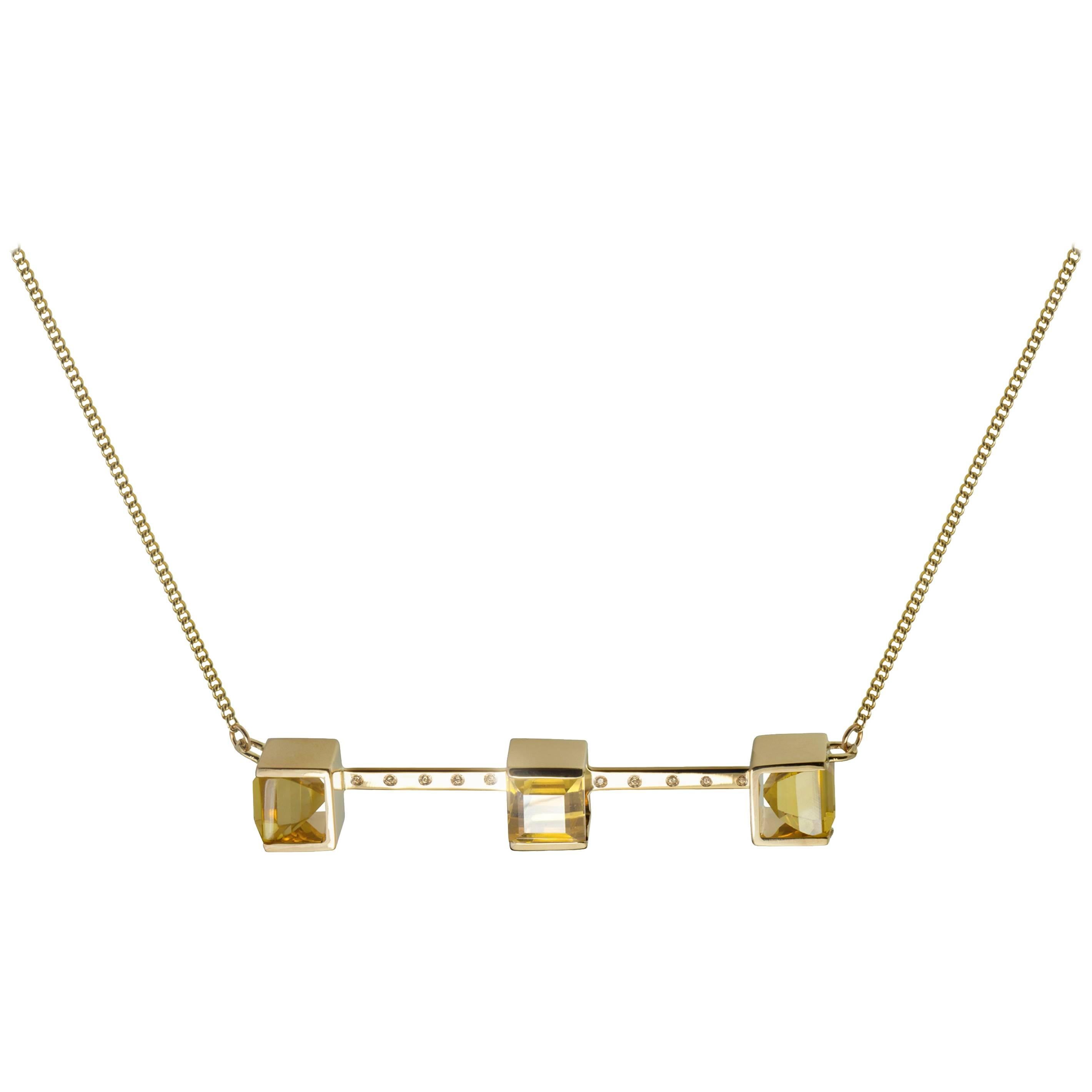 9 Karat Yellow Gold and Citrine and Yellow Sapphires Quadrant Necklace by Kattri For Sale