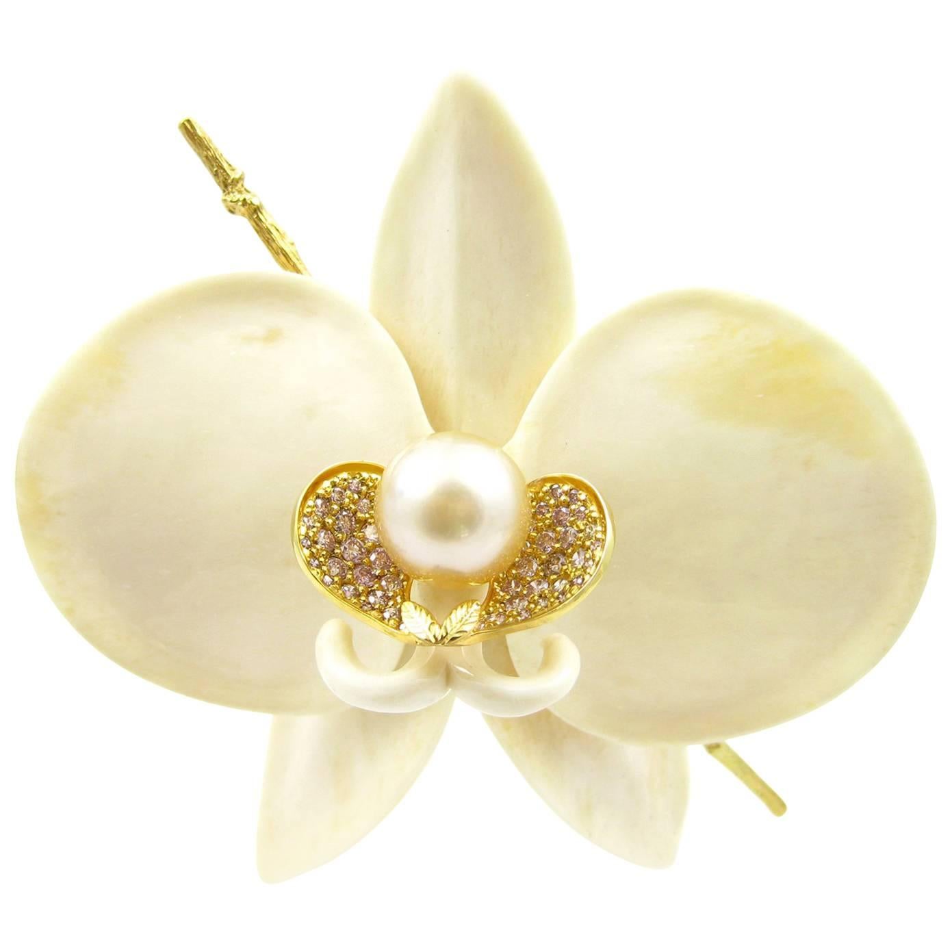 K. Brunini 18K Gold Orchid Brooch in Carved Bone, Diamonds and South Sea Pearl 