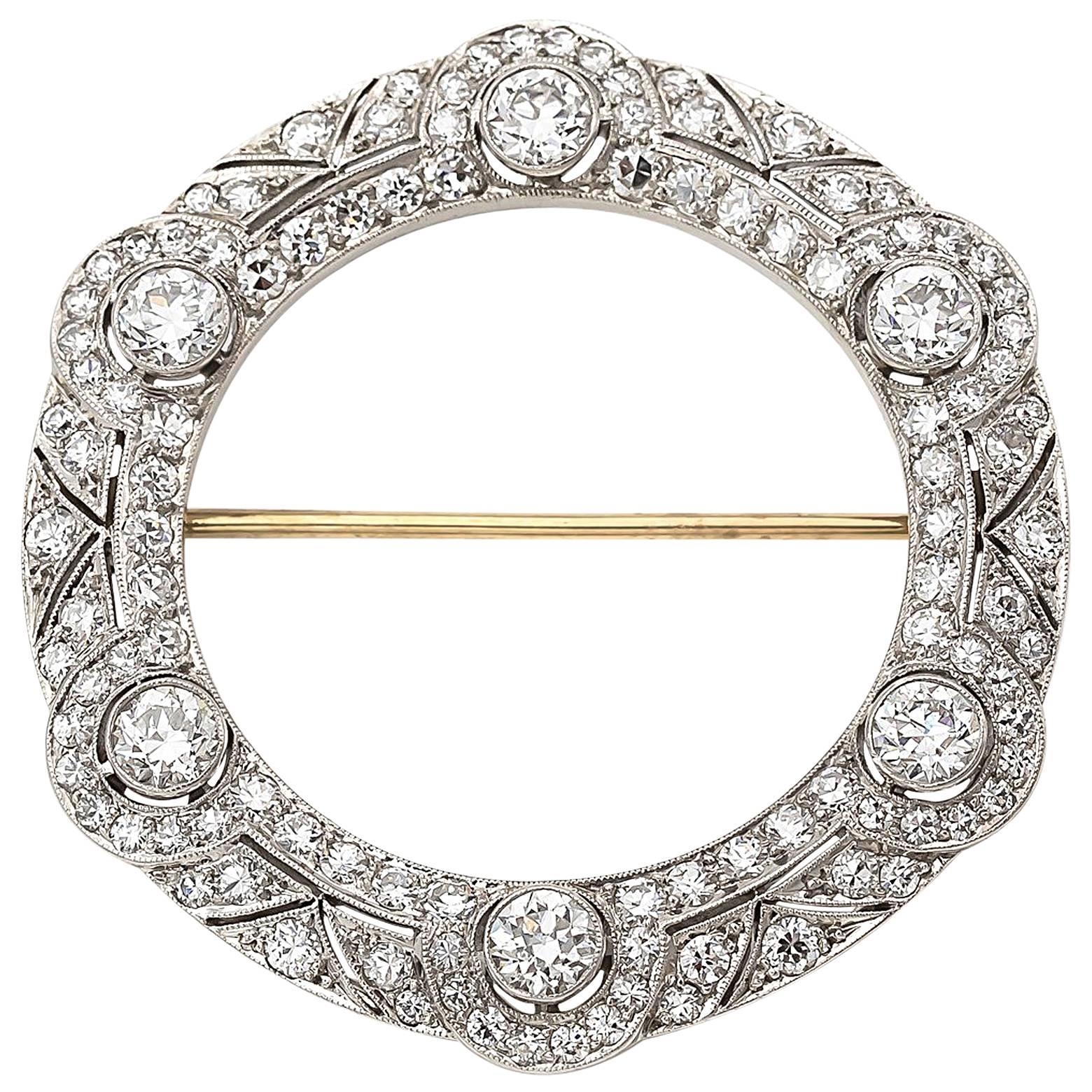 Art Deco Platinum Diamond Brooch Circle Geometric Old European Cut