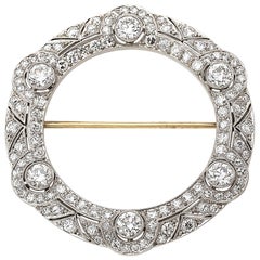 Art Deco Platinum Diamond Brooch Circle Geometric Old European Cut