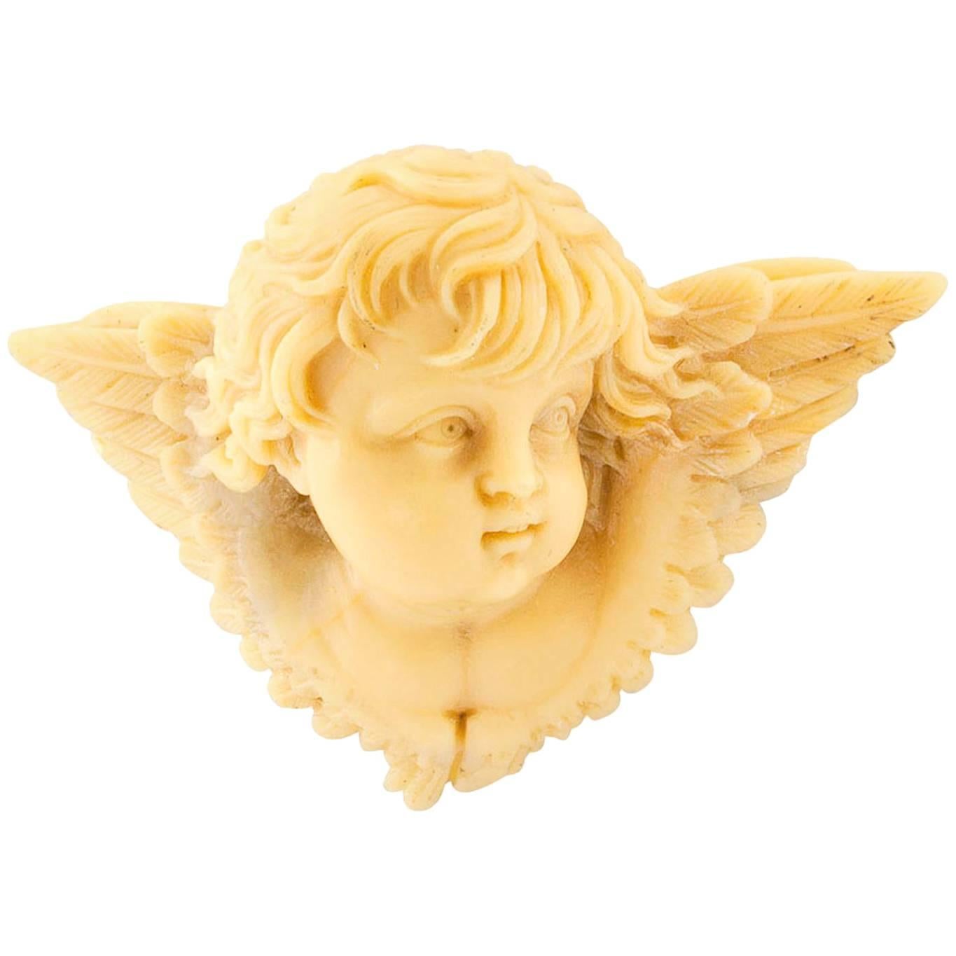 Victorian 1850s Carved Alabaster Cherub Brooch