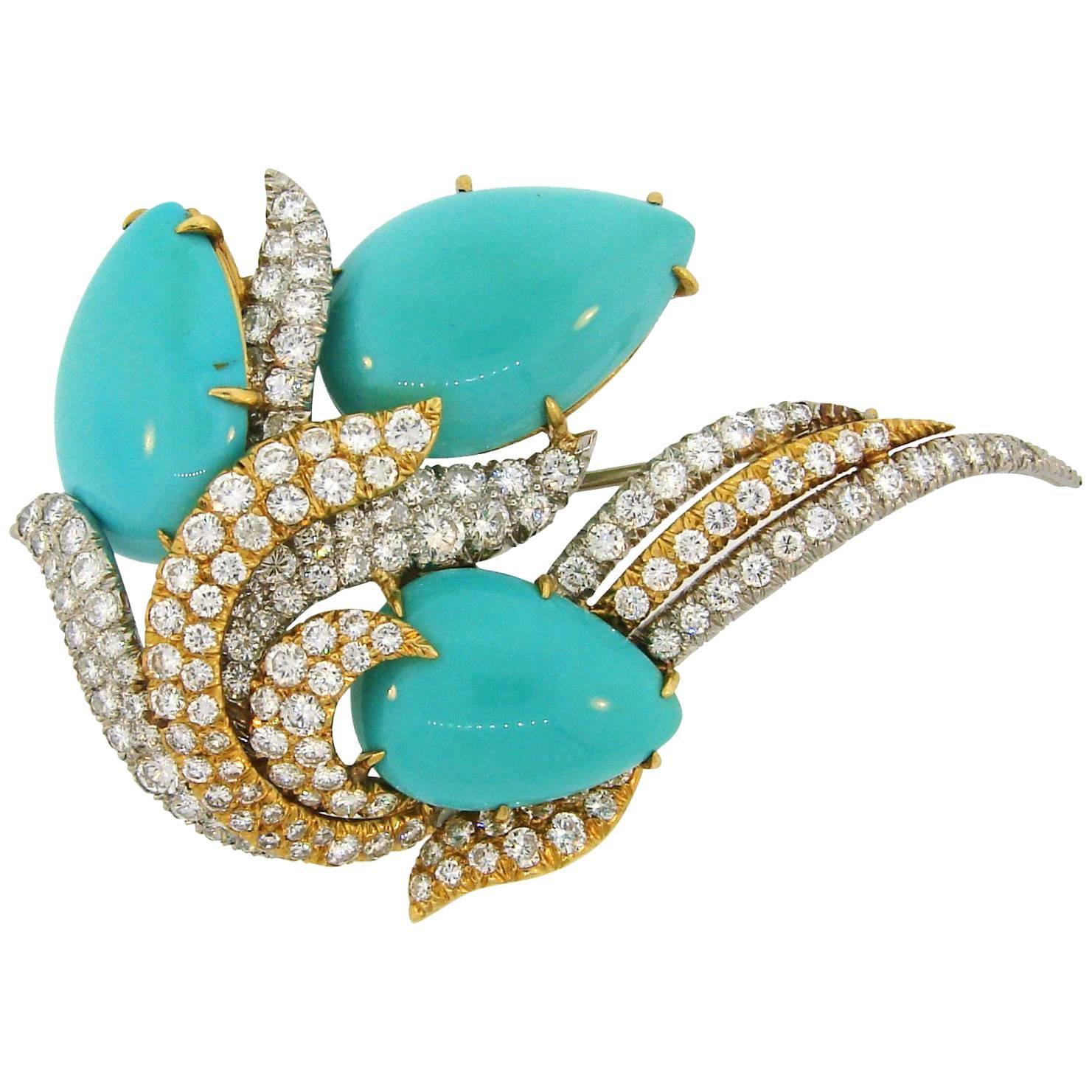 David Webb Turquoise Diamond Gold Platinum Brooch Pin Clip Pendant