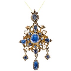 Victorian 1880s Sapphire Pearl Guilded Silver Pendant 12