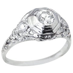 Three Stone Diamond White Gold Filigree Art Deco Engagement Ring