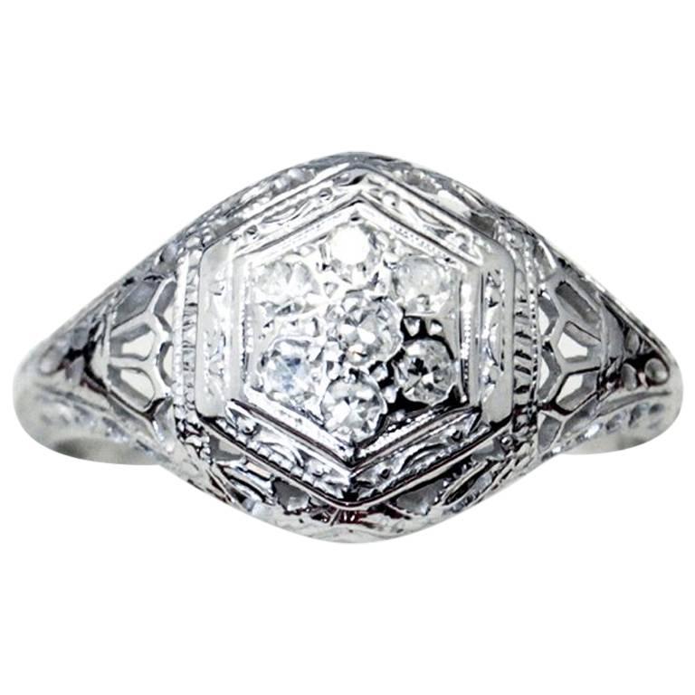 Art Deco Seven Diamond White Gold Cluster Engagement Ring For Sale