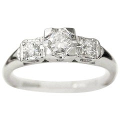 Vintage Three-Stone Diamond Platinum Past Present Future Engagement Ring
