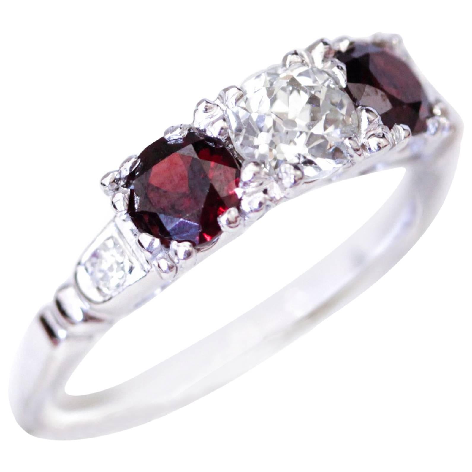 Garnet Old European Cut Diamond White Gold Engagement Ring For Sale