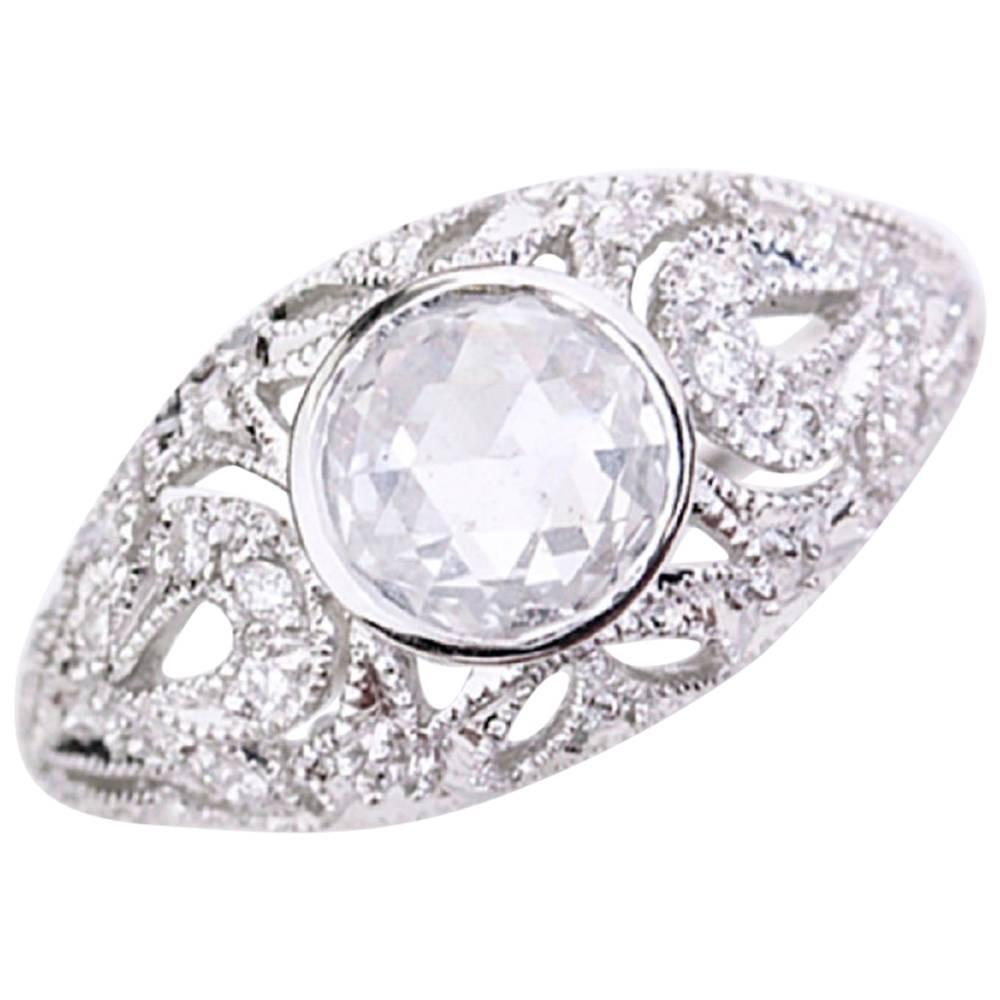 Georgian Rose Cut Diamond White Gold Filigree Ring For Sale