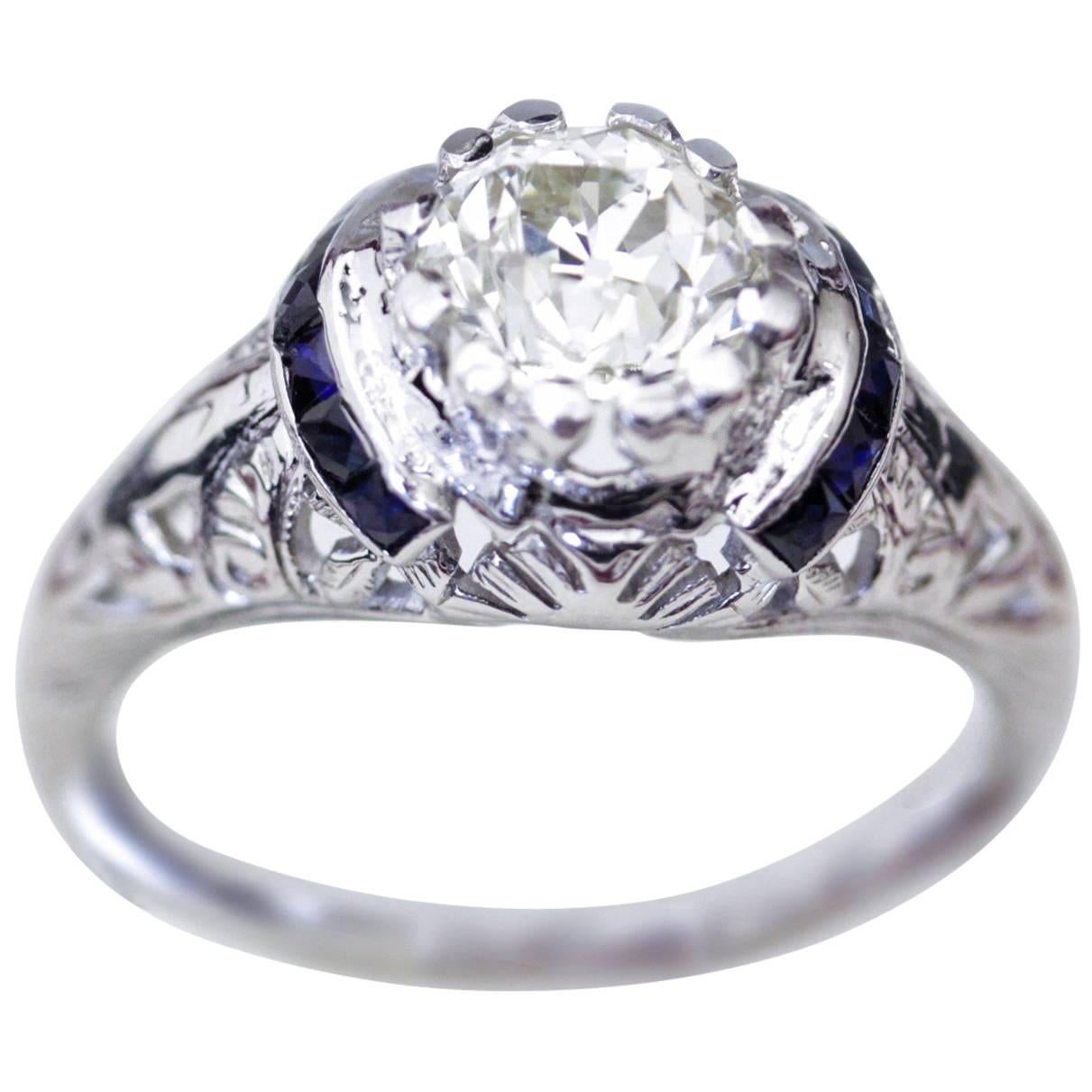 Art Deco Australian Sapphire Old European Cut Diamond white gold Ring For Sale