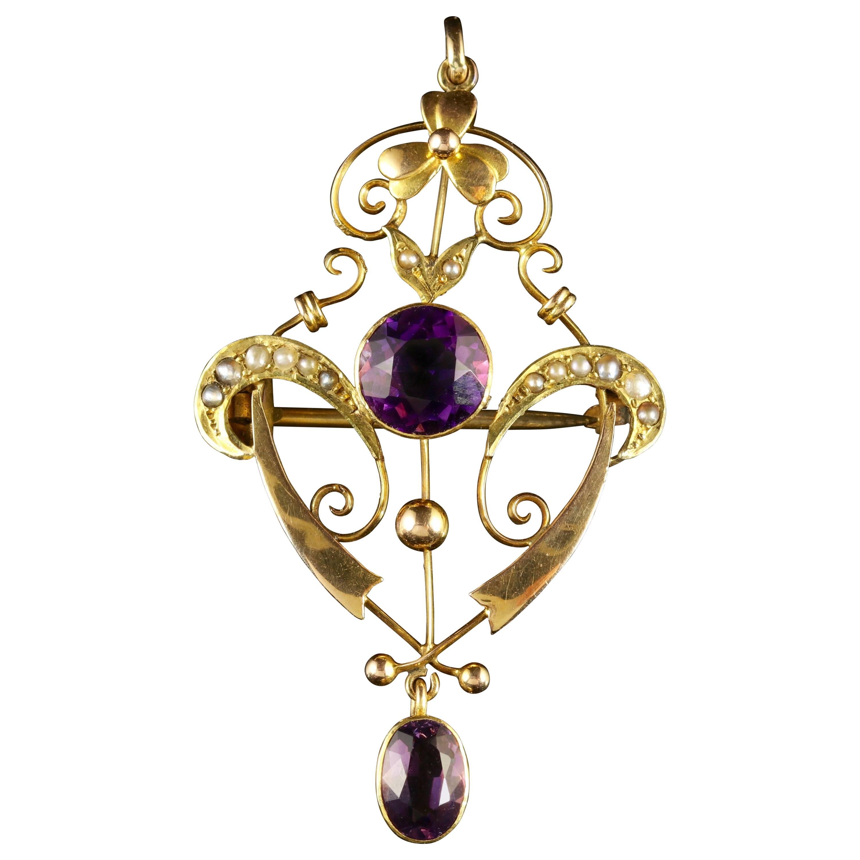 Antique Amethyst Pearl Gold Pendant Brooch, circa 1880 For Sale