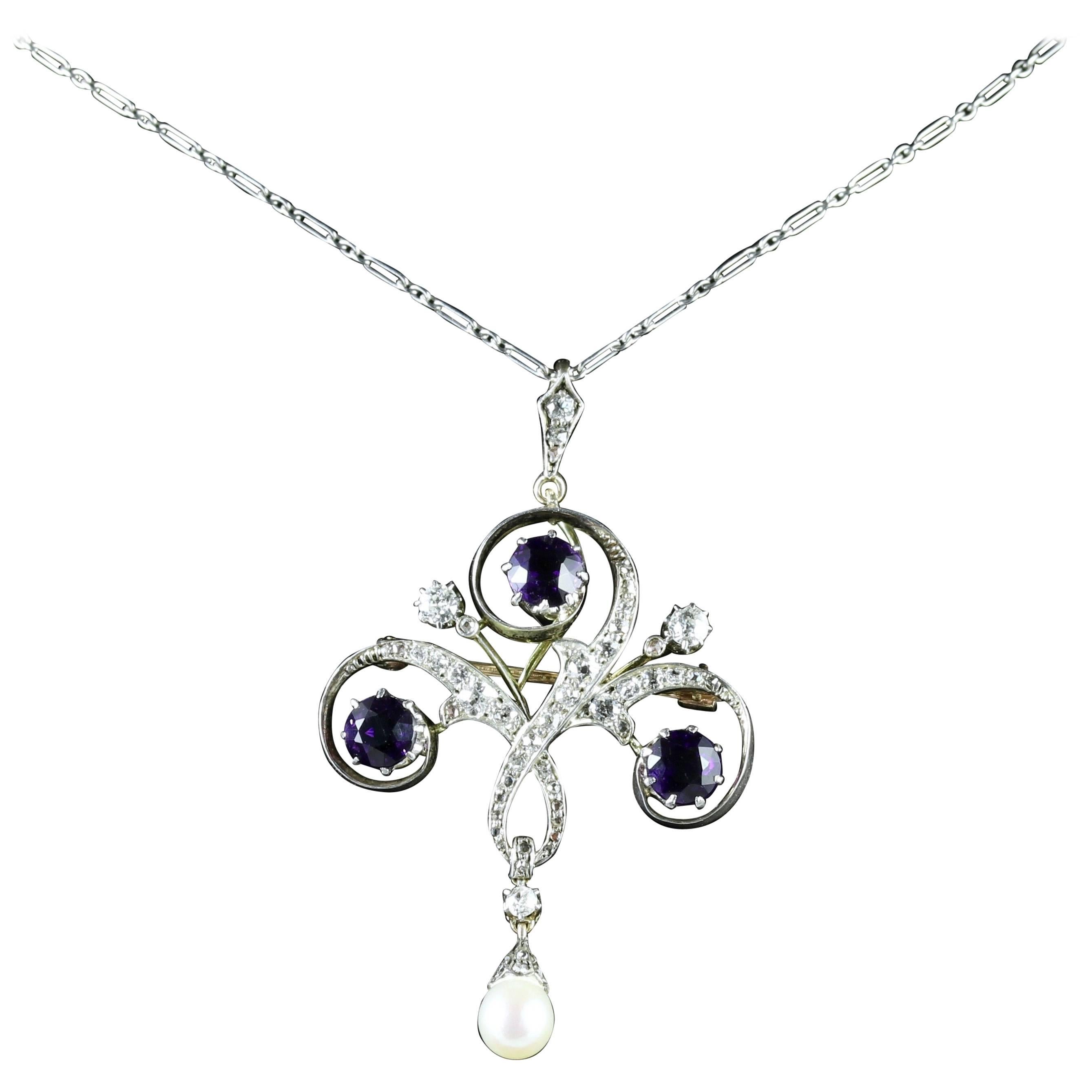Antique Edwardian Platinum Amethyst Diamond Pendant Necklace