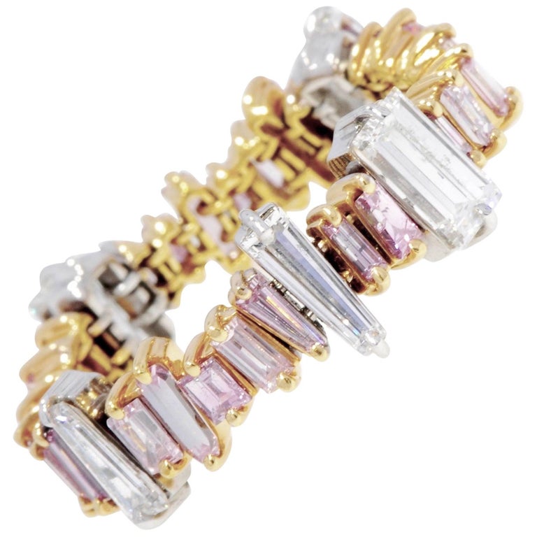Platinum & 18 Karat Rose Gold Pink and White Diamond Baguette Ring For Sale