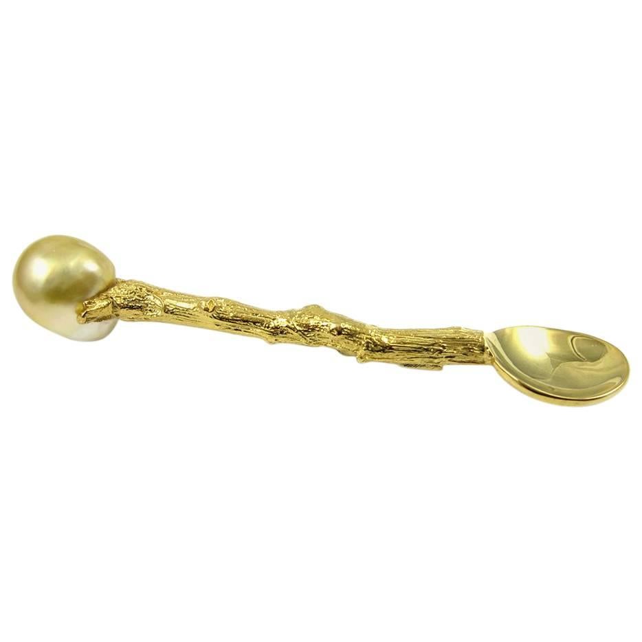 K. Brunini Twig 18K Gold and South Sea Pearl Salt Spoon For Sale