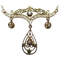 Art Nouveau Gold Diamond Pearl Festoon Necklace 9