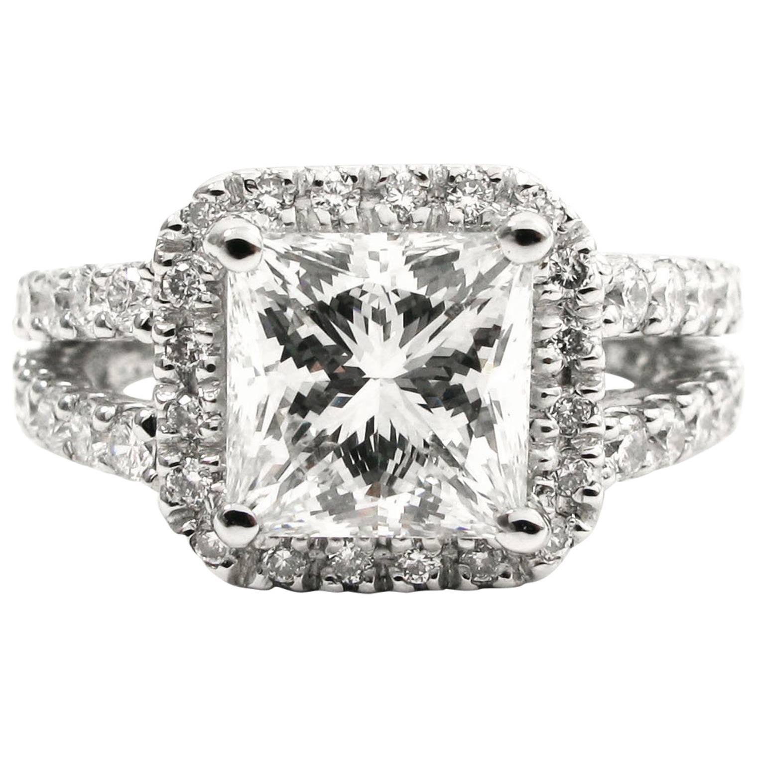 GIA Certified 2.04 Carat Princess Cut Diamond Pave Split Shank Ring