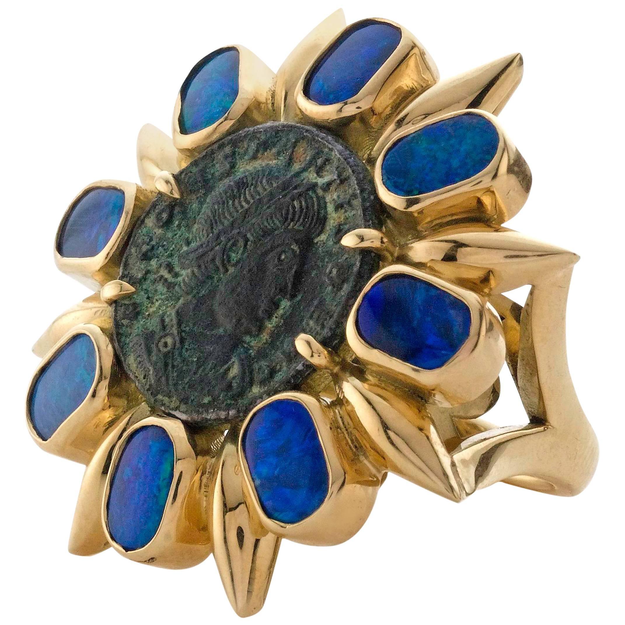 1884 Collection Ancient Roman Coin Opal Yellow Gold Cocktail Ring For Sale