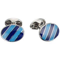 Deakin & Francis Striped Blue Enamel Cufflinks in Sterling Silver 2