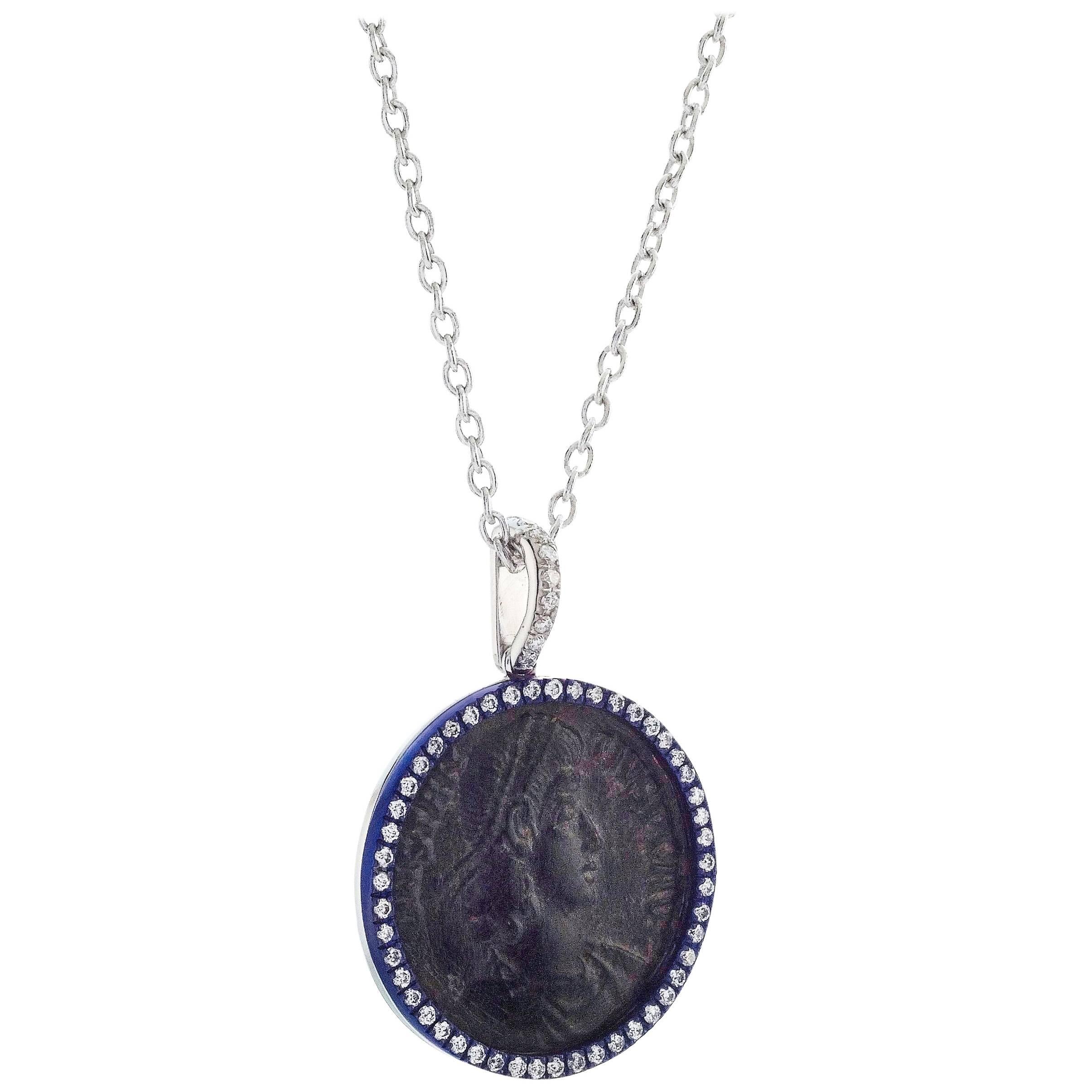 1884 Collection Ancient Roman Coin Diamond Blue Titanium White Gold Necklace For Sale