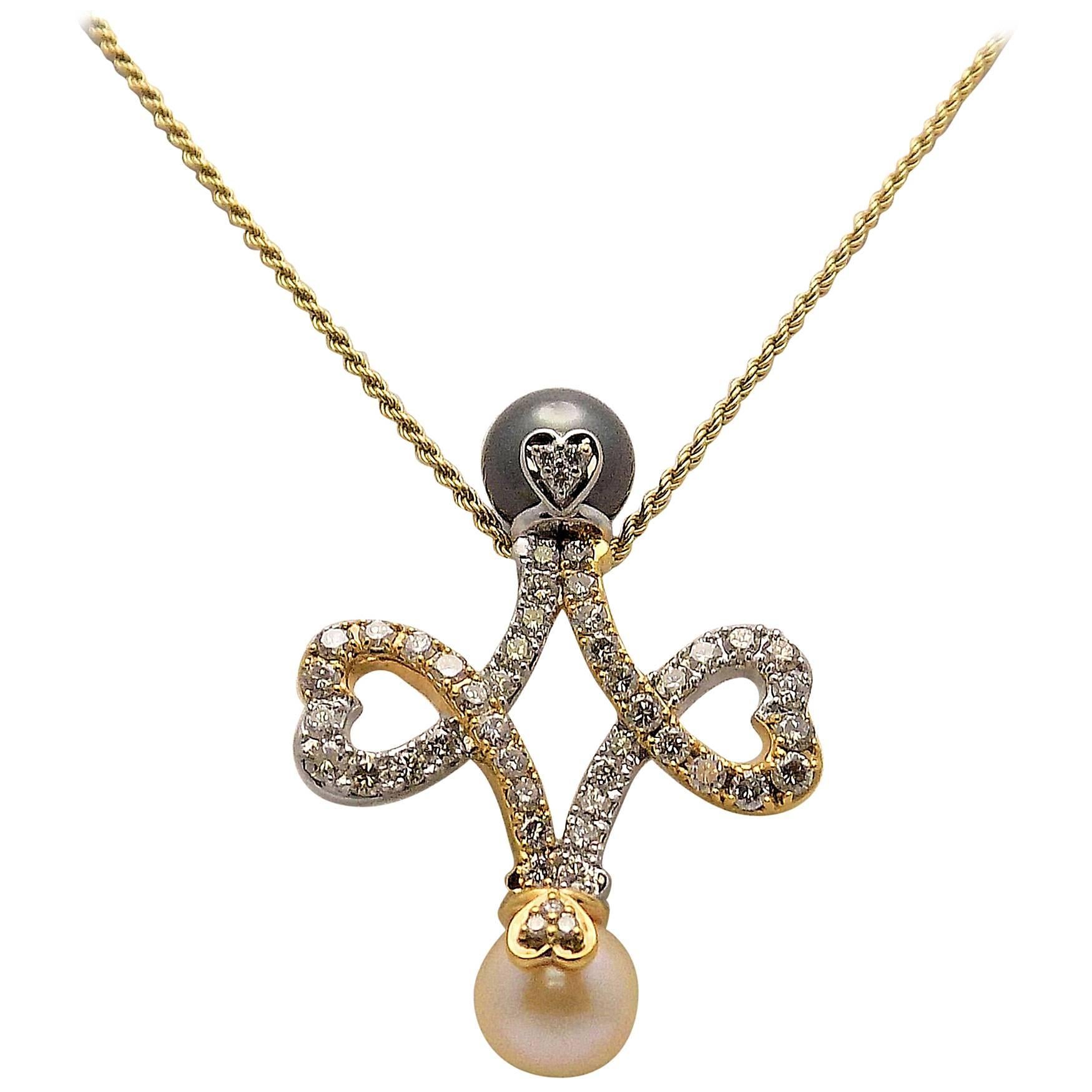 Pearl Diamond Double Heart Pendant Chain For Sale