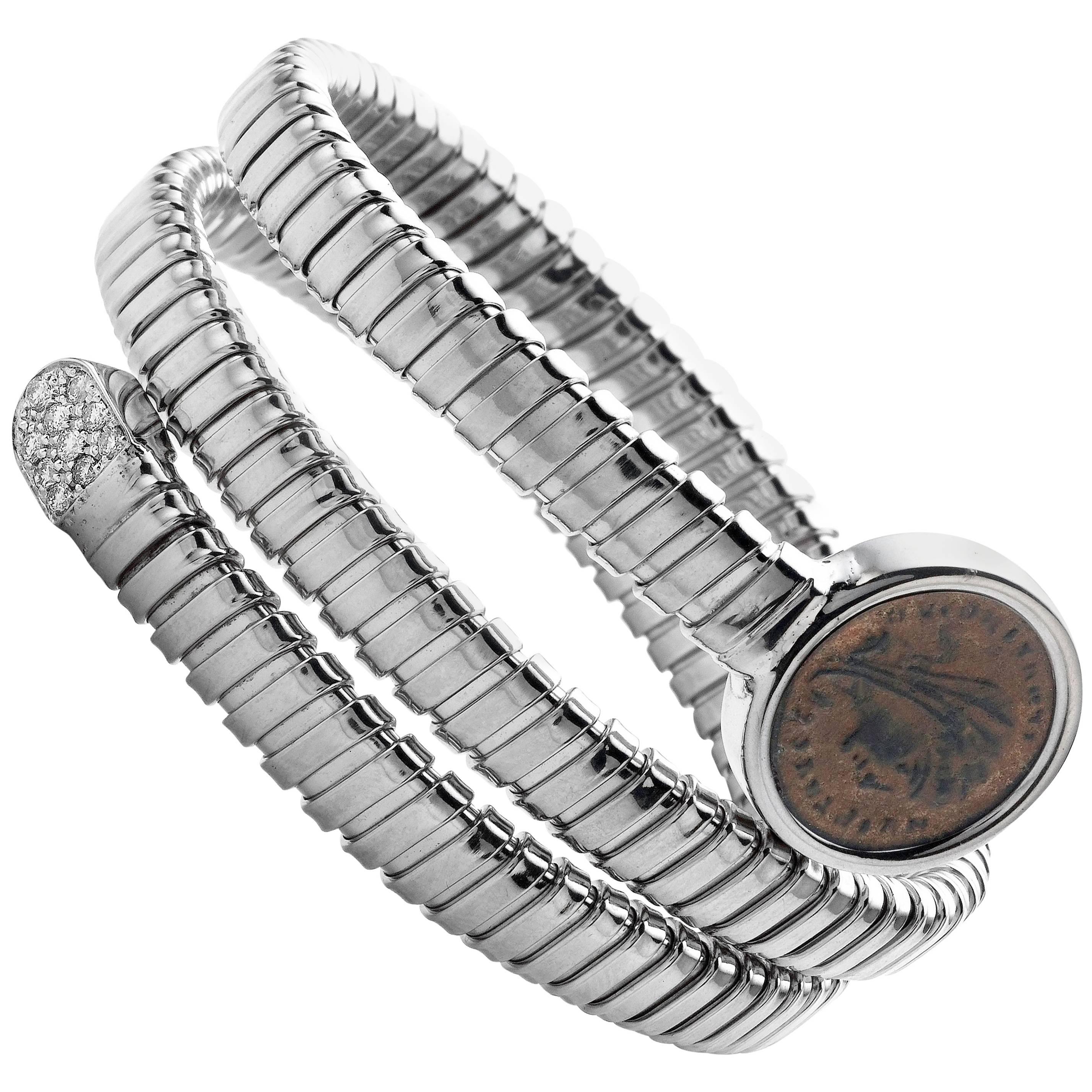 1884 Collection Tubogas Ancient Roman Coin Diamond Sterling White Coil Bracelet For Sale