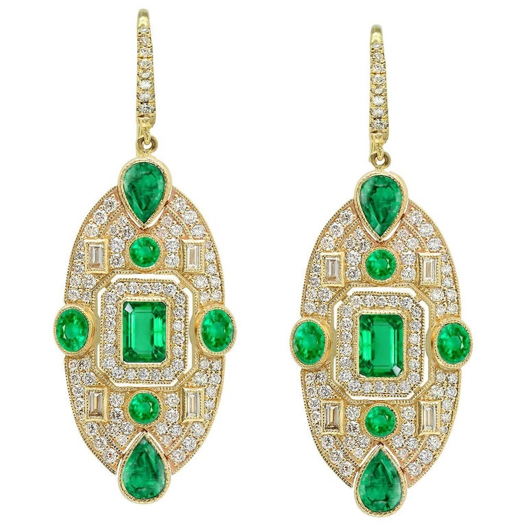 Kc Mto Fideli Emerald Diamond Yellow Gold Drop Earring For Kc Mto Fideli Emerald Diamond Yellow Gold Drop Earring For