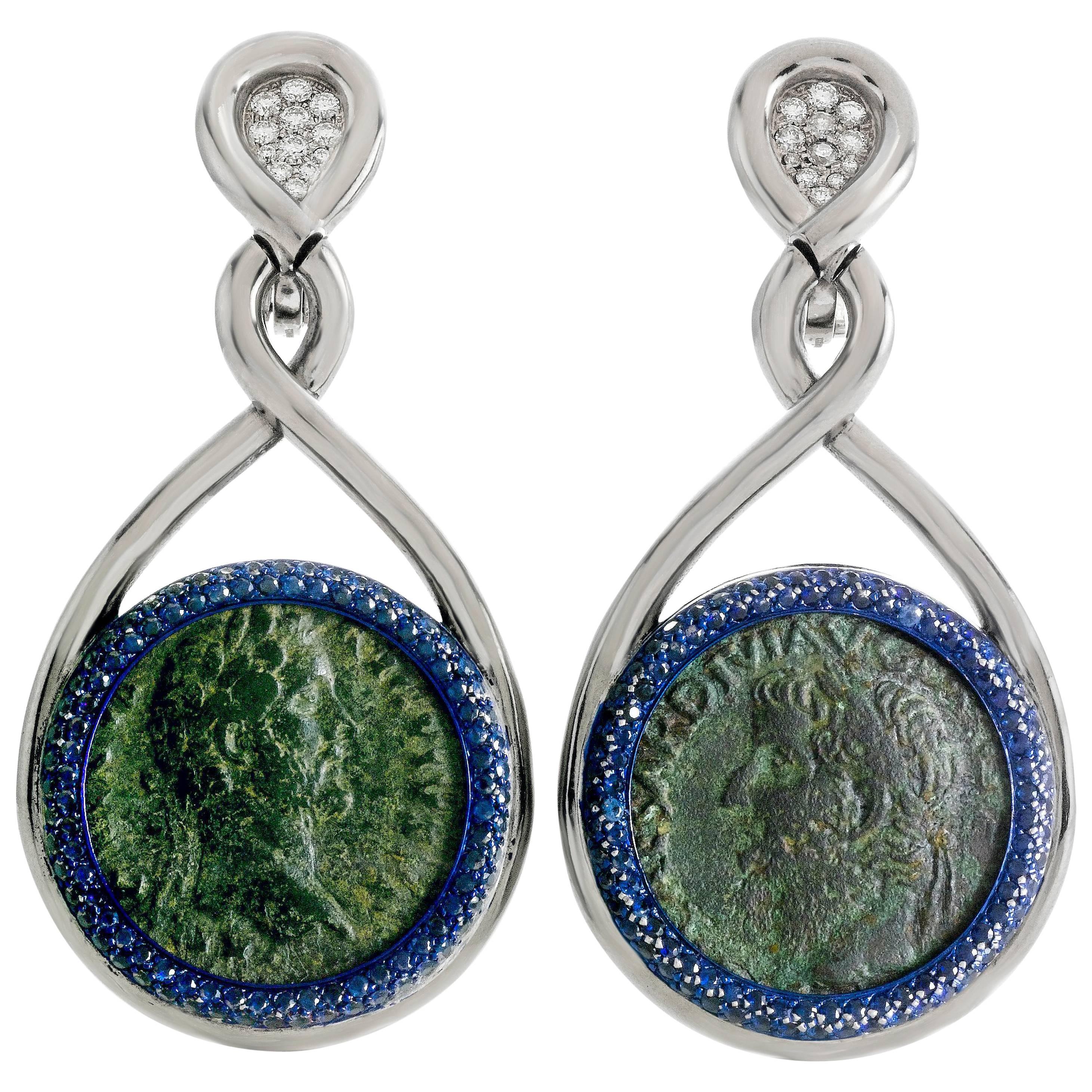 1884 Collection Ancient Roman Coin Sapphire Diamond Blue Titanium White Gold Ear For Sale