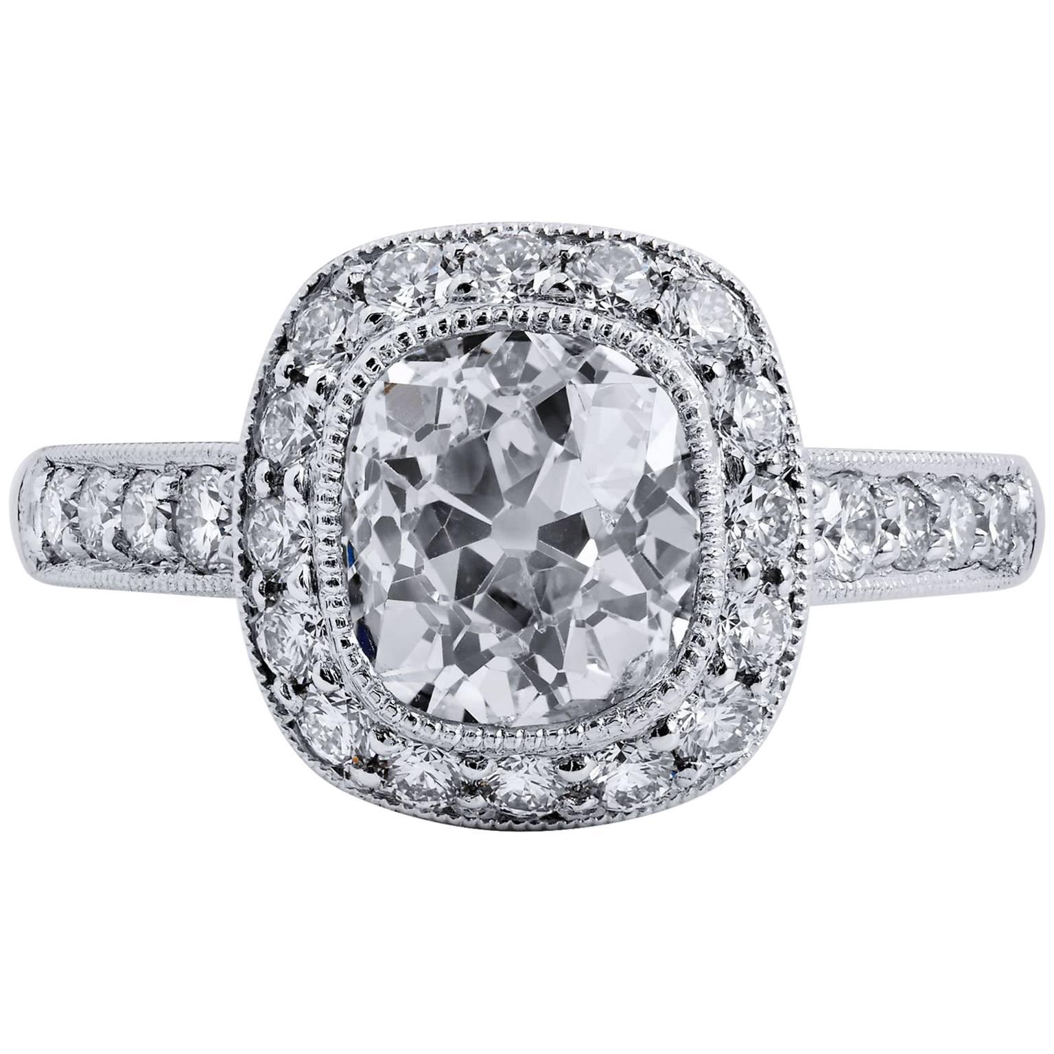 GIA Certified 2.05 Carat Old Mine Cushion Cut Diamond Platinum Engagement Ring 