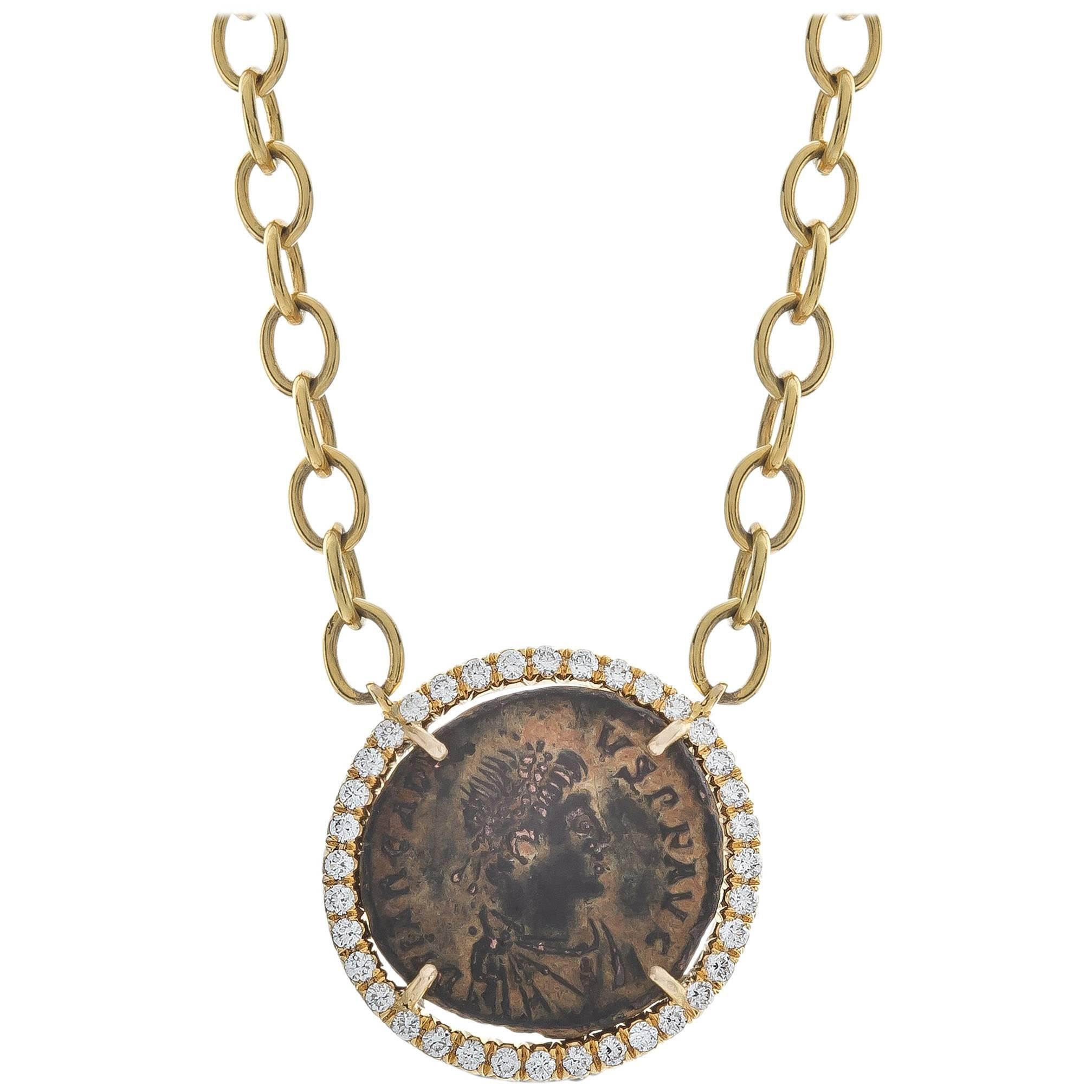 1884 Collection Ancient Roman Coin Diamond and Yellow Gold Pendant Chain Neck For Sale