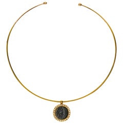 1884 Collection Ancient Roman Coin Diamond and Yellow Gold Pendant and Choker