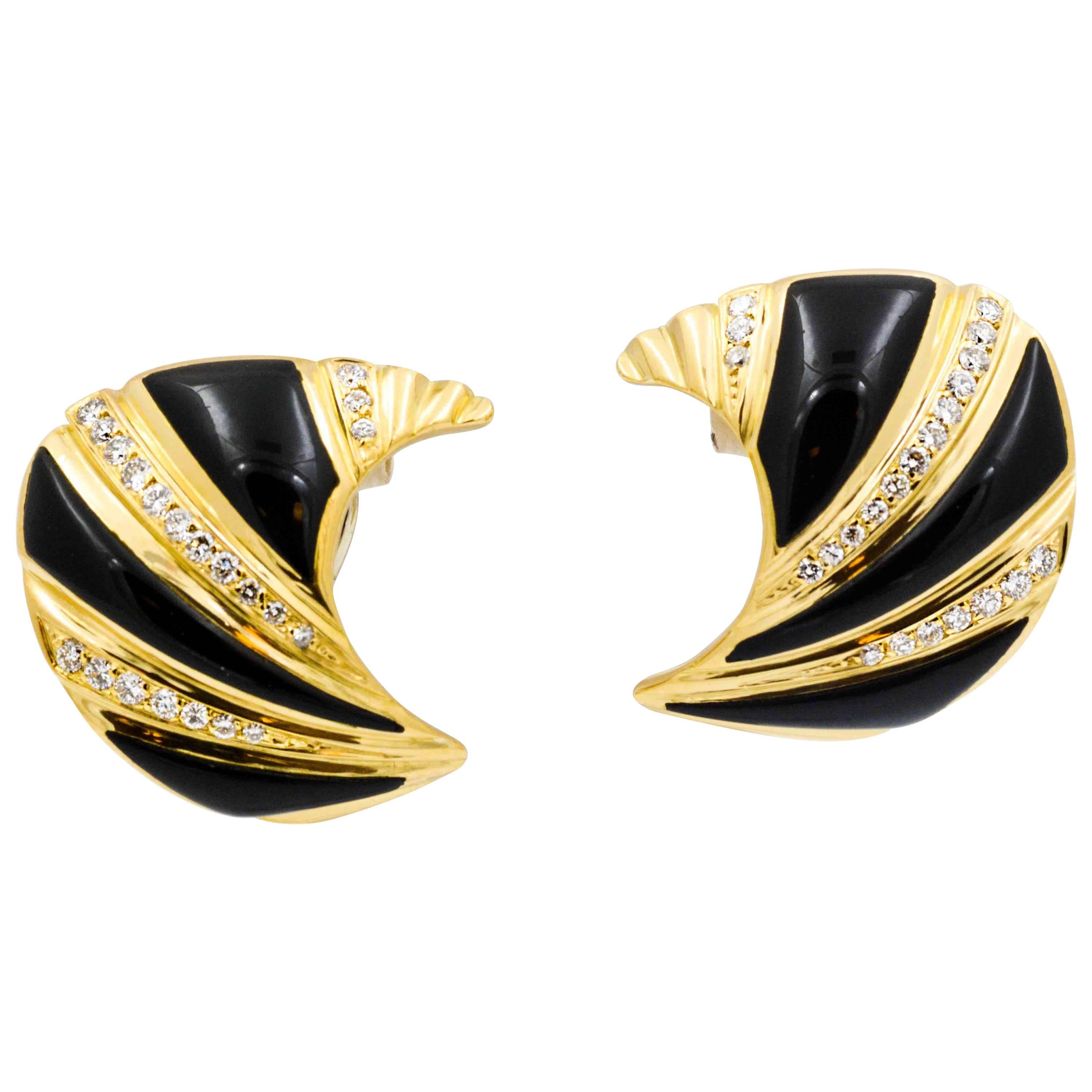 Black Onyx Diamond and Yellow Gold Clip Earrings