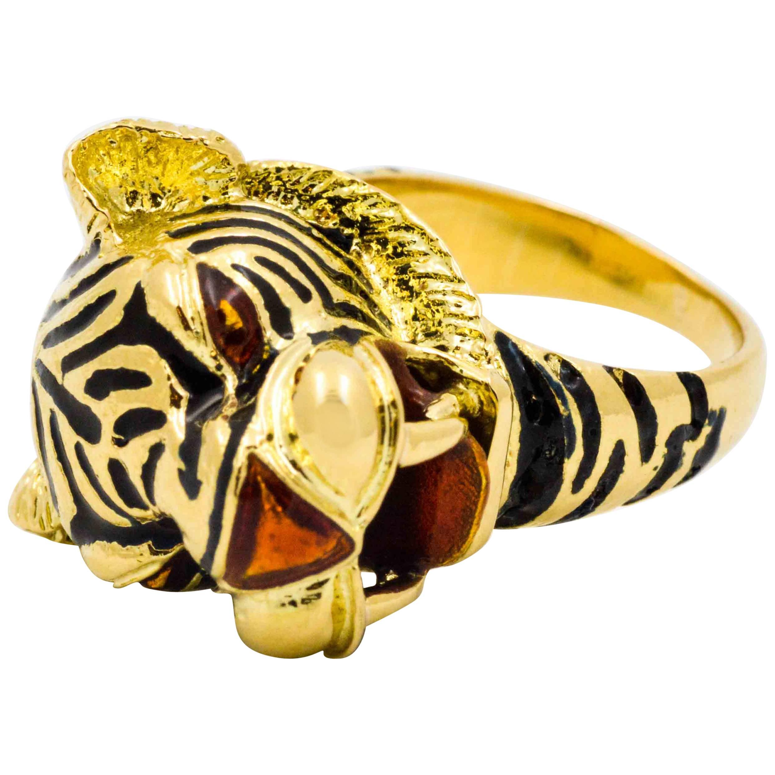 18 Karat Yellow Gold and Enamel Tiger Head Ring