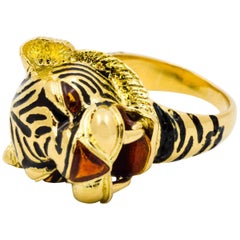 18 Karat Yellow Gold and Enamel Tiger Head Ring