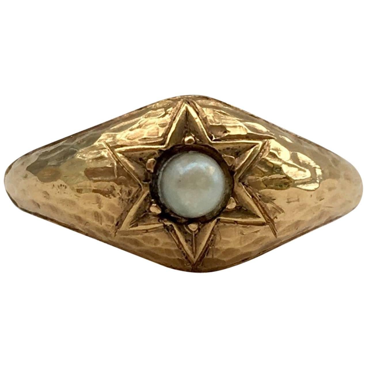 Pearl Ring Hammered Gold Antique Jewelry Vintage Star Signet Rings Celestial