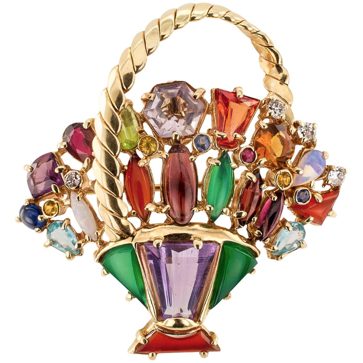1950s Color Gemstone Diamond Gold Basket Brooch/Pendant